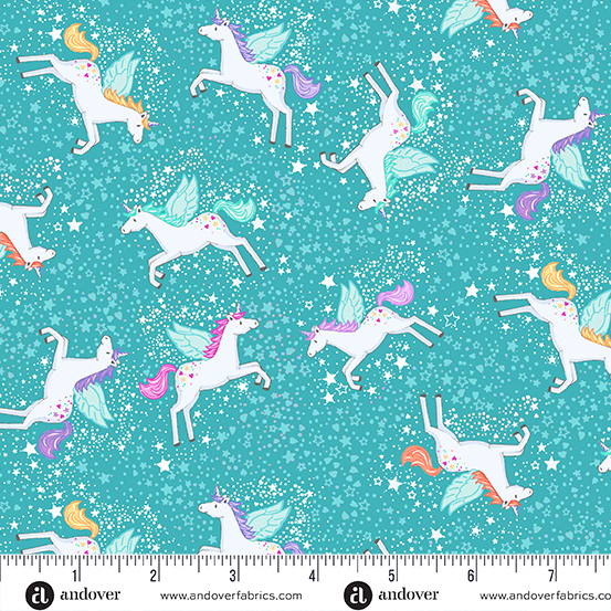 Fairy Dust - Unicorns in Teal for Makower Fabrics