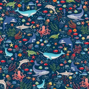 Under The Sea - Creatures in Navy - Makower Fabrics
