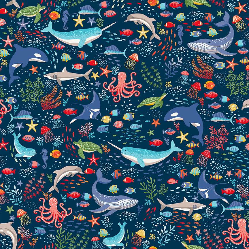 Under The Sea - Creatures in Navy - Makower Fabrics